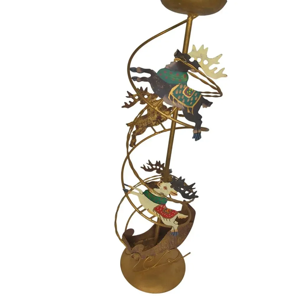Vintage Christmas Brass Spiral Reindeer Sleigh Candle Holders Decor Set of 2
